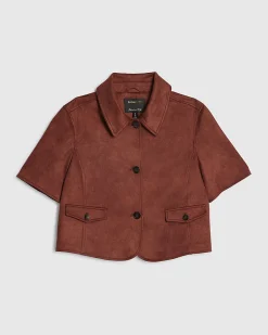 Brown Faux Suede Pocket Detail Collared Shirt