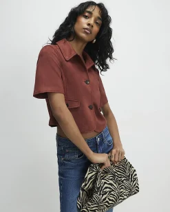 Brown Faux Suede Pocket Detail Collared Shirt