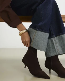 Brown Faux Suede Pointed Toe Sock Boots