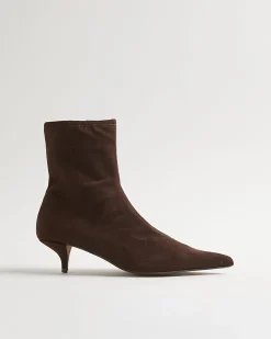 Brown Faux Suede Pointed Toe Sock Boots