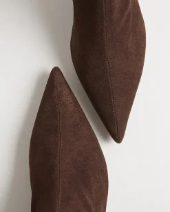 Brown Faux Suede Pointed Toe Sock Boots