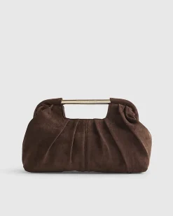 Brown Faux Suede Ruched Clutch Bag
