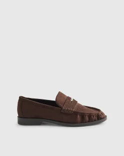 Brown Faux Suede Ruched Loafers