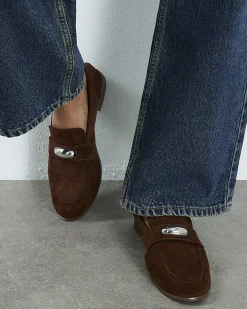 Brown Faux Suede Silver Detail Loafers
