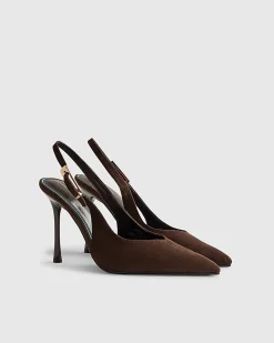 Brown Faux Suede Slingback Court Heels