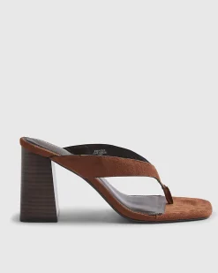 Brown Faux Suede Toe Thong Heeled Sandals