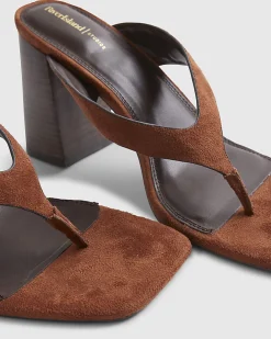 Brown Faux Suede Toe Thong Heeled Sandals
