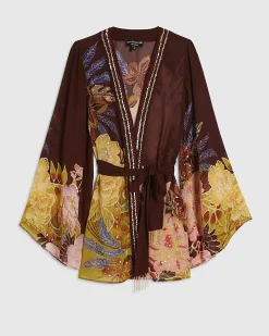Brown Floral Embellished Kimono