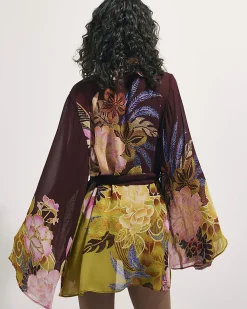 Brown Floral Embellished Kimono