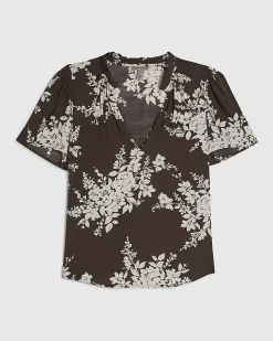 Brown Floral Print Short Sleeve Top