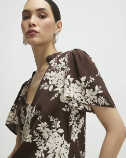 Brown Floral Print Short Sleeve Top