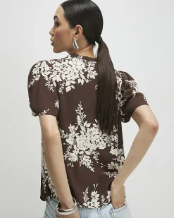 Brown Floral Print Short Sleeve Top