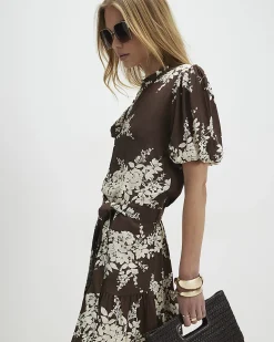 Brown Floral Shaped Mini Dress
