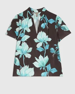 Brown Floral Short Sleeve Blouse