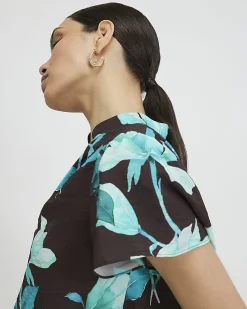 Brown Floral Short Sleeve Blouse
