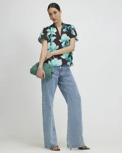 Brown Floral Short Sleeve Blouse