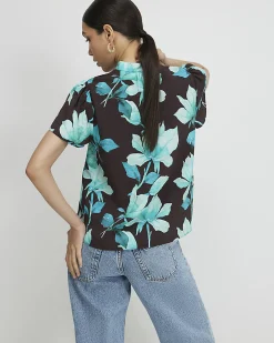 Brown Floral Short Sleeve Blouse