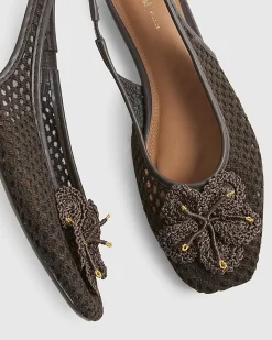 Brown Flower Crochet Flat Slingback Shoes