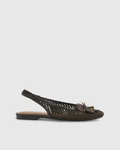 Brown Flower Crochet Flat Slingback Shoes