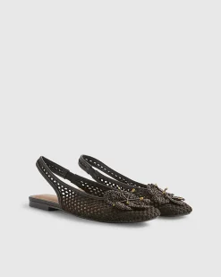 Brown Flower Crochet Flat Slingback Shoes