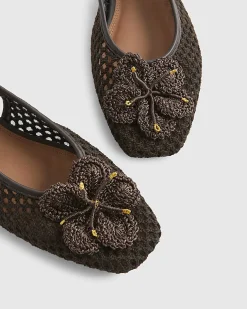 Brown Flower Crochet Flat Slingback Shoes