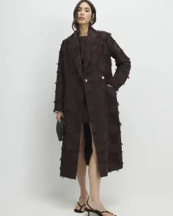 Brown Fringe Jacquard Longline Duster Coat