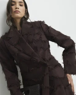 Brown Fringe Jacquard Longline Duster Coat