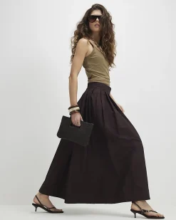 Brown Full A Line Cotton Blend Midi Skirt