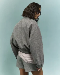 Brown Funnel Neck Bubble Hem Bomber Jacket