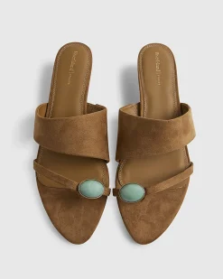 Brown Gem Toe Faux Suede Heeled Sandals