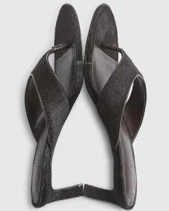 Brown Hair On Leather Toe Thong Heel Sandals
