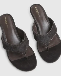 Brown Hair On Leather Toe Thong Heel Sandals