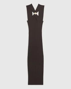 Brown Halter Neck Brooch Knitted Midi Dress