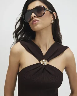 Brown Halter Neck Brooch Knitted Midi Dress