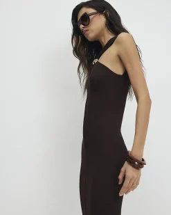 Brown Halter Neck Brooch Knitted Midi Dress