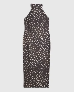 Brown Halter Neck Polka Dot Print Midi Dress