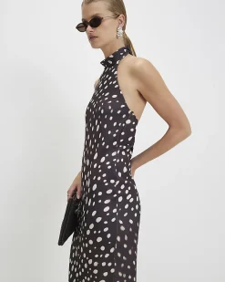 Brown Halter Neck Polka Dot Print Midi Dress