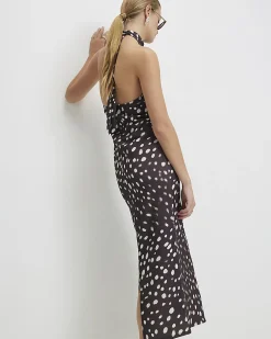 Brown Halter Neck Polka Dot Print Midi Dress