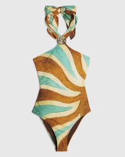 Brown Halter Neck Swirl Swimsuit