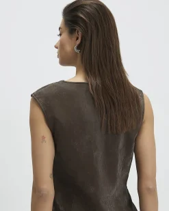Brown Hammered Faux Leather Ruched Detail Top