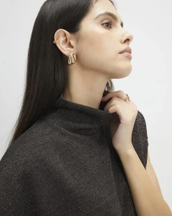 Brown High Neck Glitter Top