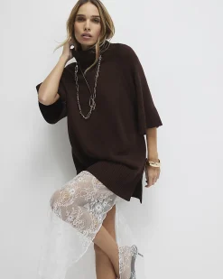 Brown Hybrid Lace Hem Midi Dress