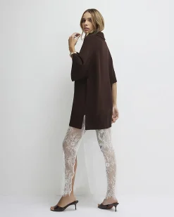 Brown Hybrid Lace Hem Midi Dress