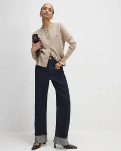 Brown Knit Fitted Scallop Trim Cardigan