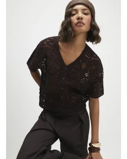 Brown Knitted Crochet Short Sleeve Cardigan