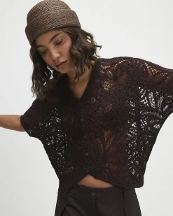 Brown Knitted Crochet Short Sleeve Cardigan