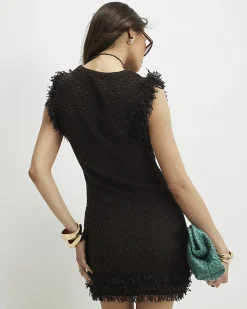 Brown Knitted Fringe Trim Mini Dress