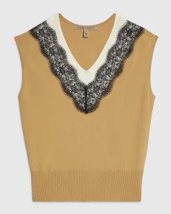Brown Knitted Lace Trim V Neck Top
