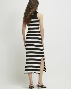 Brown Knitted Ribbed Stripe Midi Dress
