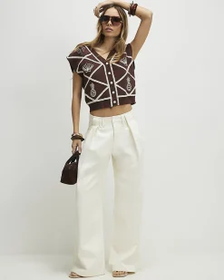 Brown Knitted Shell and Palm Tank Top